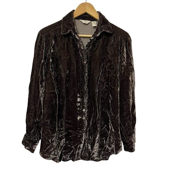J Jill Womens Crinkle Velvet Button Up Blouse Top Size S Brown Whimsigoth Fairy - Picture 1 of 7